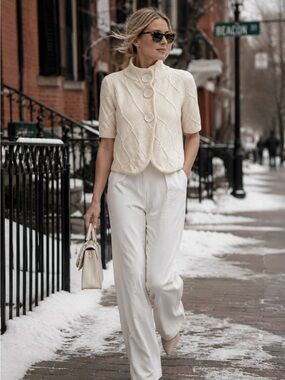 Cream Short Sleeve Diamond Pattern Jacket